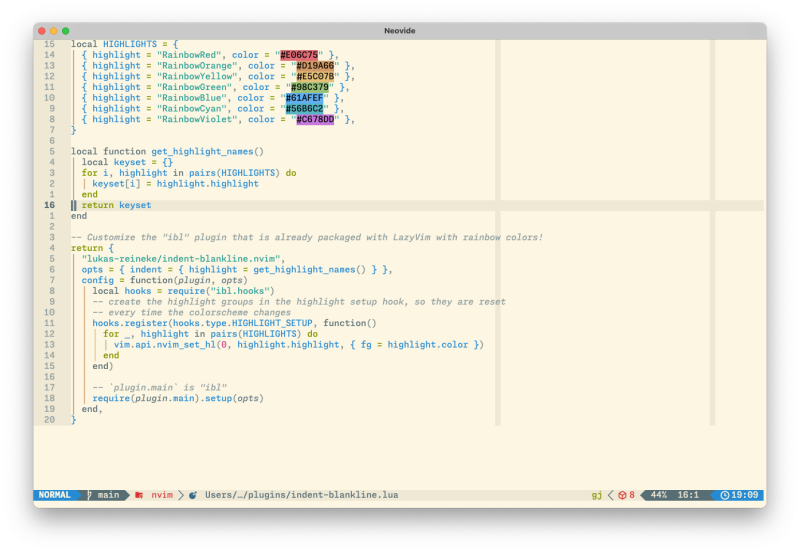 LazyVim in NeoVide with Indent Blanklines with rainbow lines